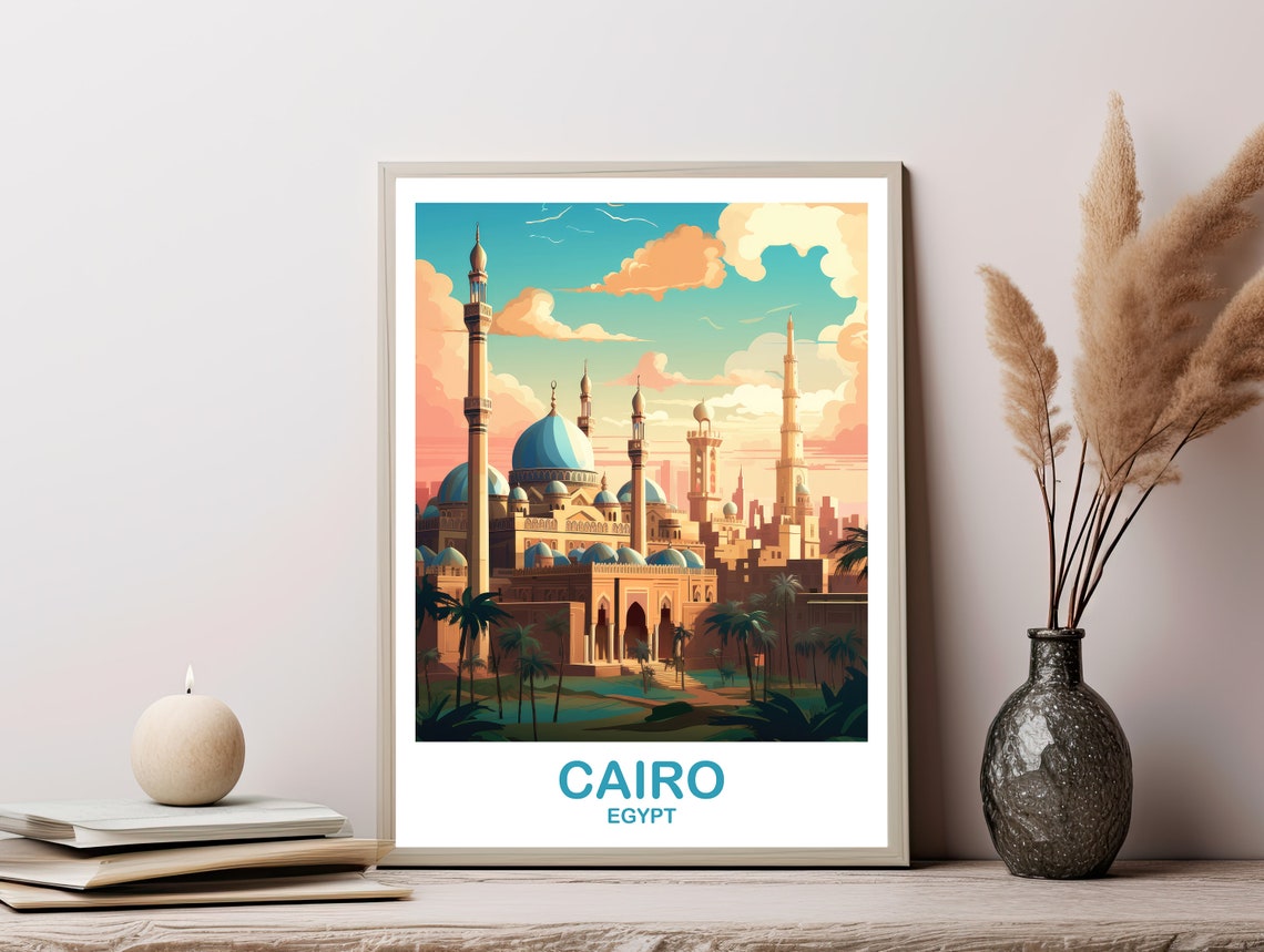 Cairo Egypt Blue Domed Mosques Palm Gardens Travel Art Poster - Image 3