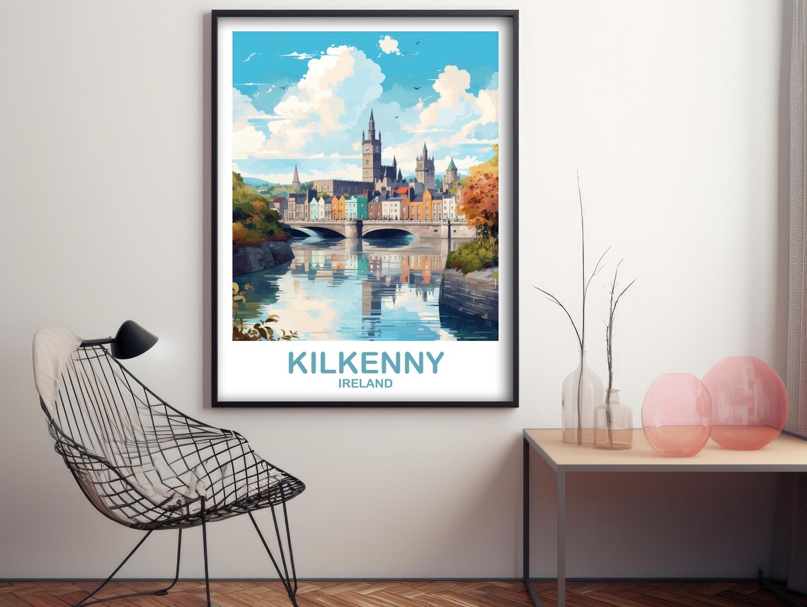 Kilkenny Ireland Riverside Travel Poster With Castle and Bridge Scene