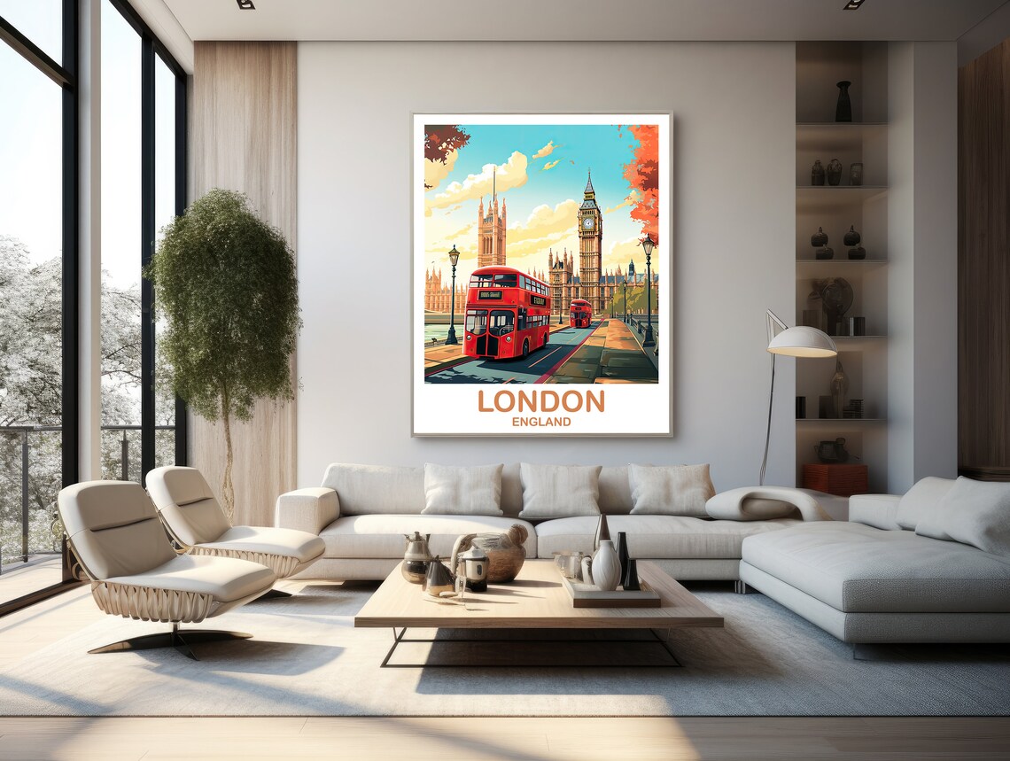 London England Big Ben Red Bus Classic Colorful Travel Poster - Image 2