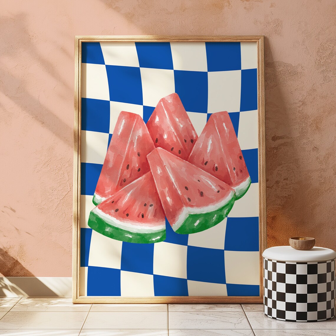 Watermelon Slices Blue Checkered Juicy Summer Fruit Art Poster