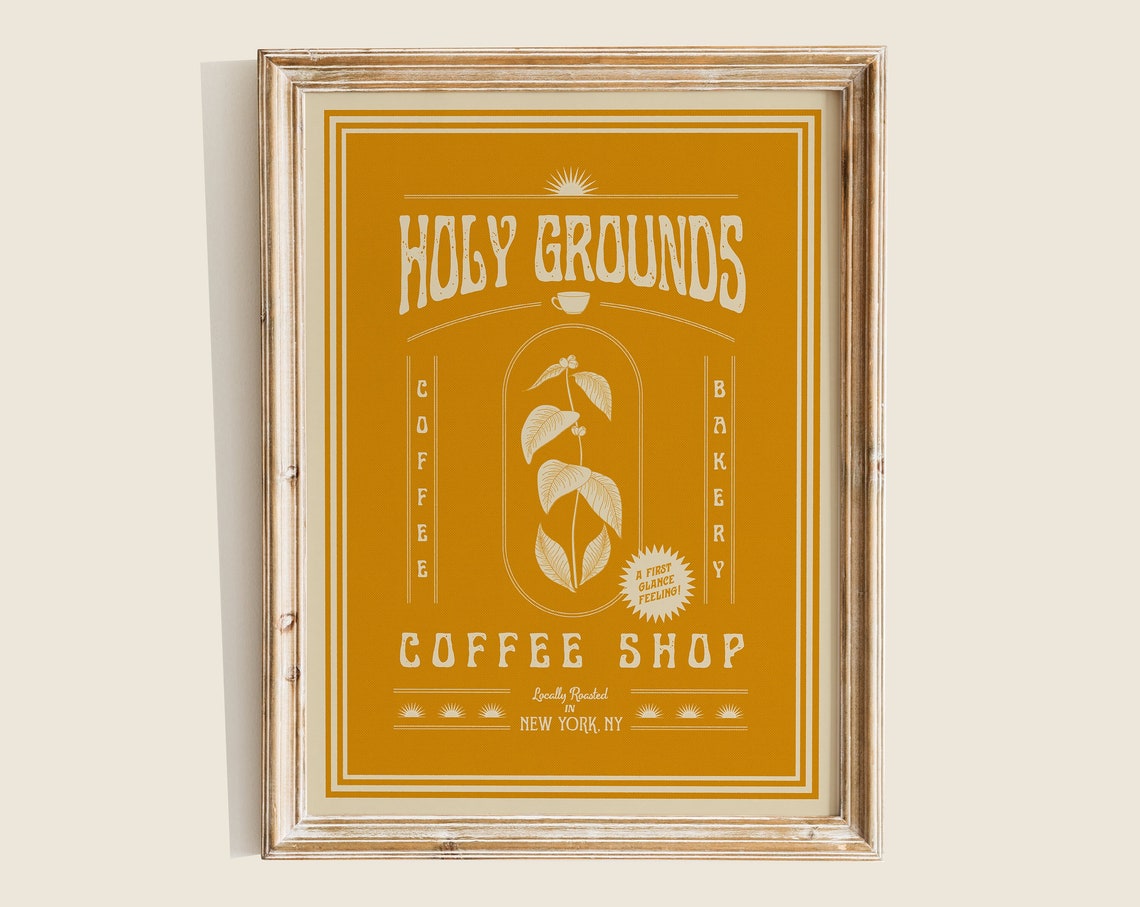 Holy Grounds Coffee Shop New York Retro Mustard Yellow Art Print