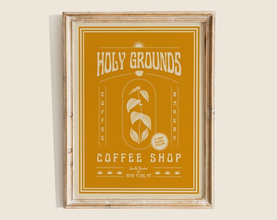 Holy Grounds Coffee Shop Art Print Lovers Poster Design Kitchen Whimsical Room Decor Wall