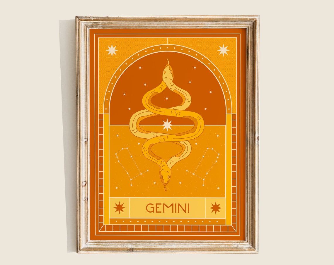 Gemini Zodiac Golden Snake Constellation Celestial Retro Art Poster