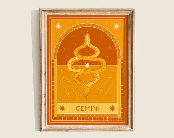 Gemini Zodiac Golden Snake Constellation Celestial Retro Art Poster