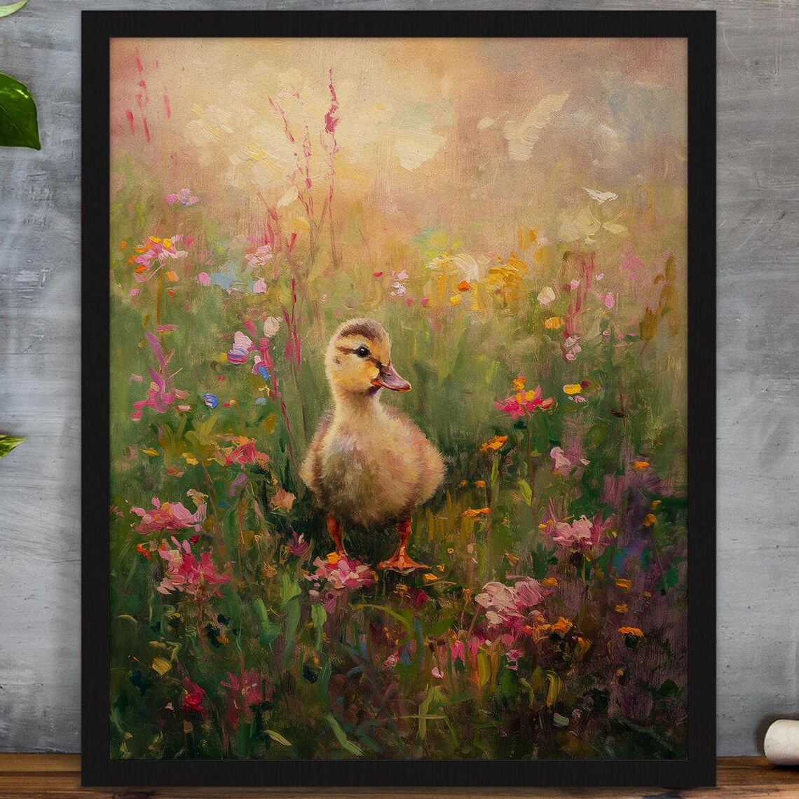 Sweet Fluffy Duckling in a Garden of Tall Pink Wildflowers Poster
