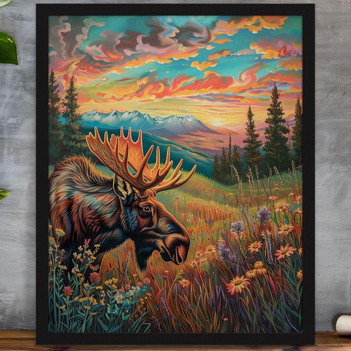 Moose in Wildflower Meadow Colorful Sunset Mountain View Poster - Image 5