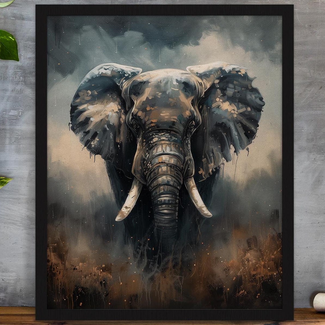 Elephant Portrait Gray Watercolor Moody Dramatic Wildlife Art Poster - Image 5
