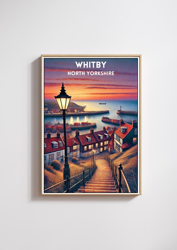 Whitby North Yorkshire Harbor Sunset Coastal Vintage Travel Poster