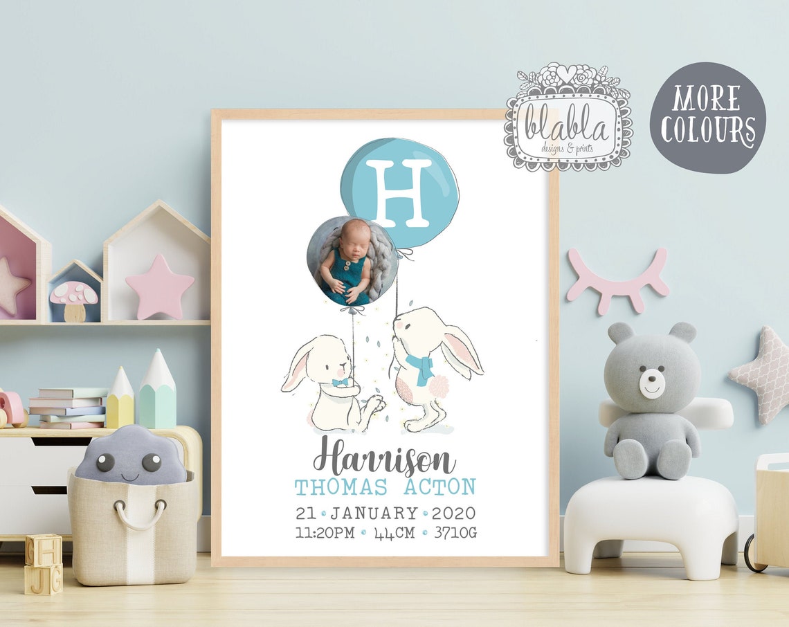 Harrison Thomas Acton Newborn Bunny Birth Stats Nursery Print