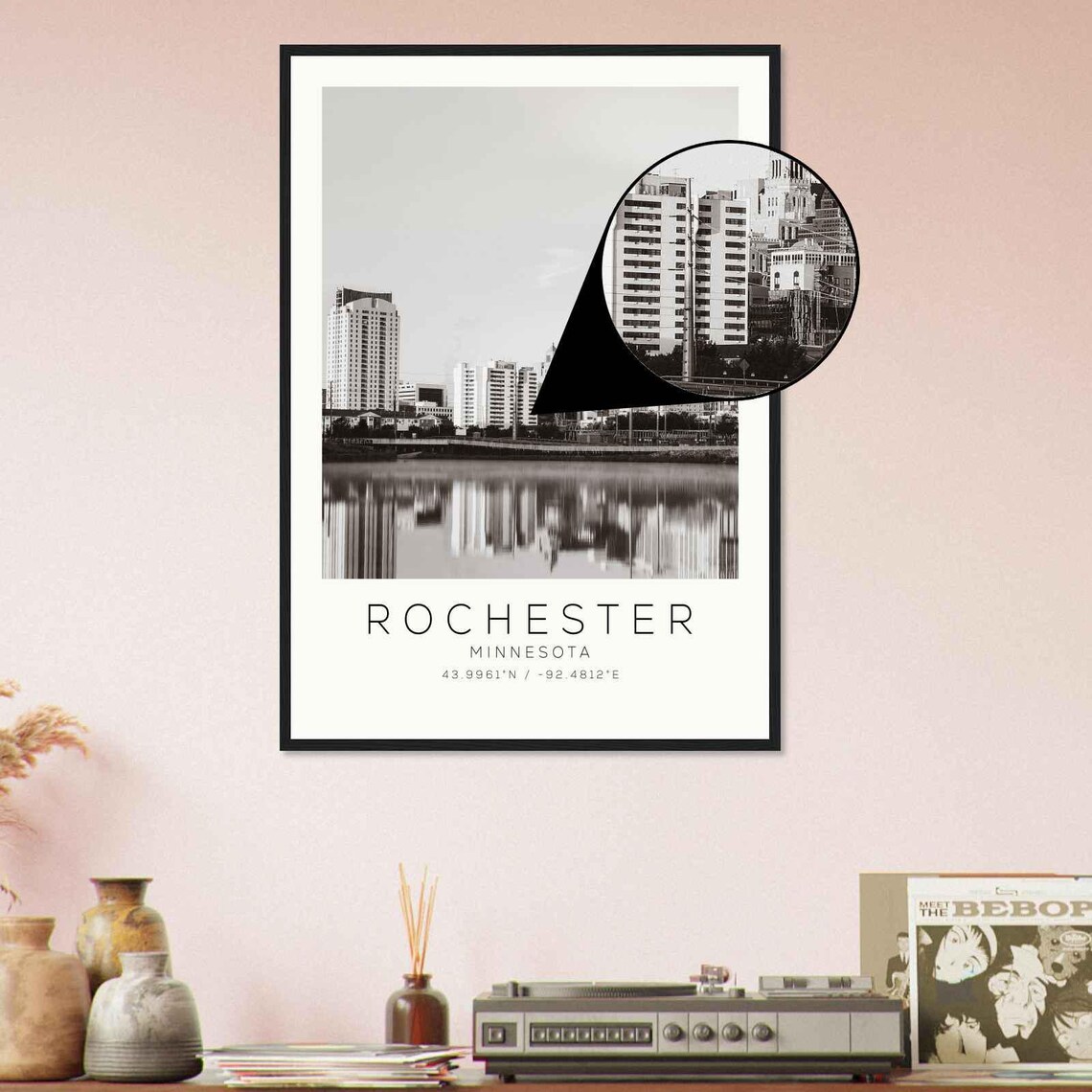 Rochester Minnesota Skyline Lake Reflection Black and White Poster - Image 4