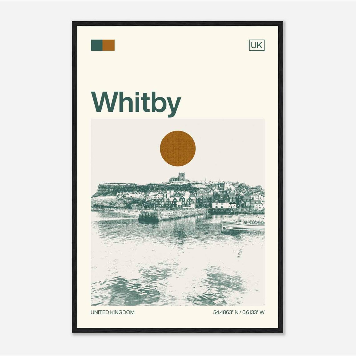 Whitby United Kingdom Harbor Abbey Cliffs Vintage Style Travel Poster
