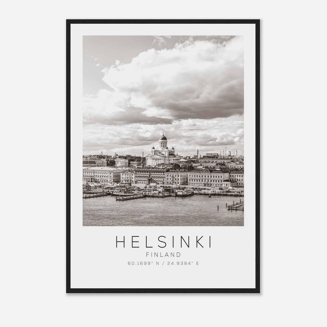 Helsinki Finland Black and White Cathedral Waterfront View Poster