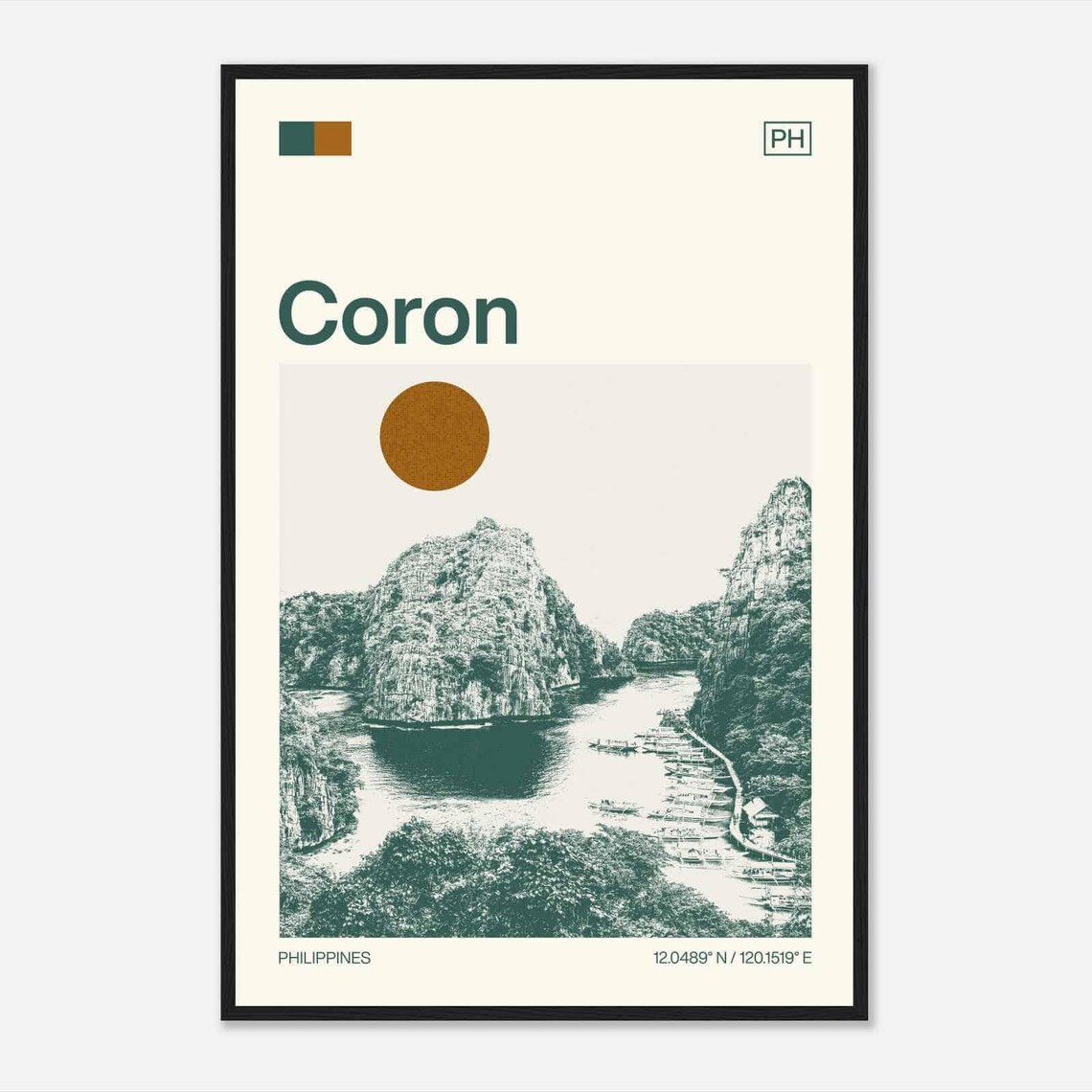 Coron Philippines Karst Islands Lagoon Boats Minimalist Travel Poster