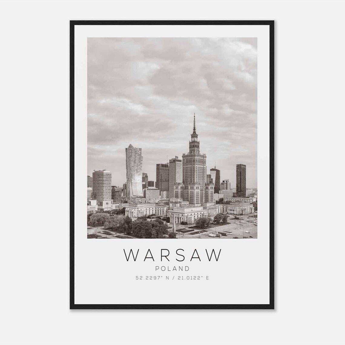 Warsaw Poland Skyline Palace of Culture and Science Black White Poster