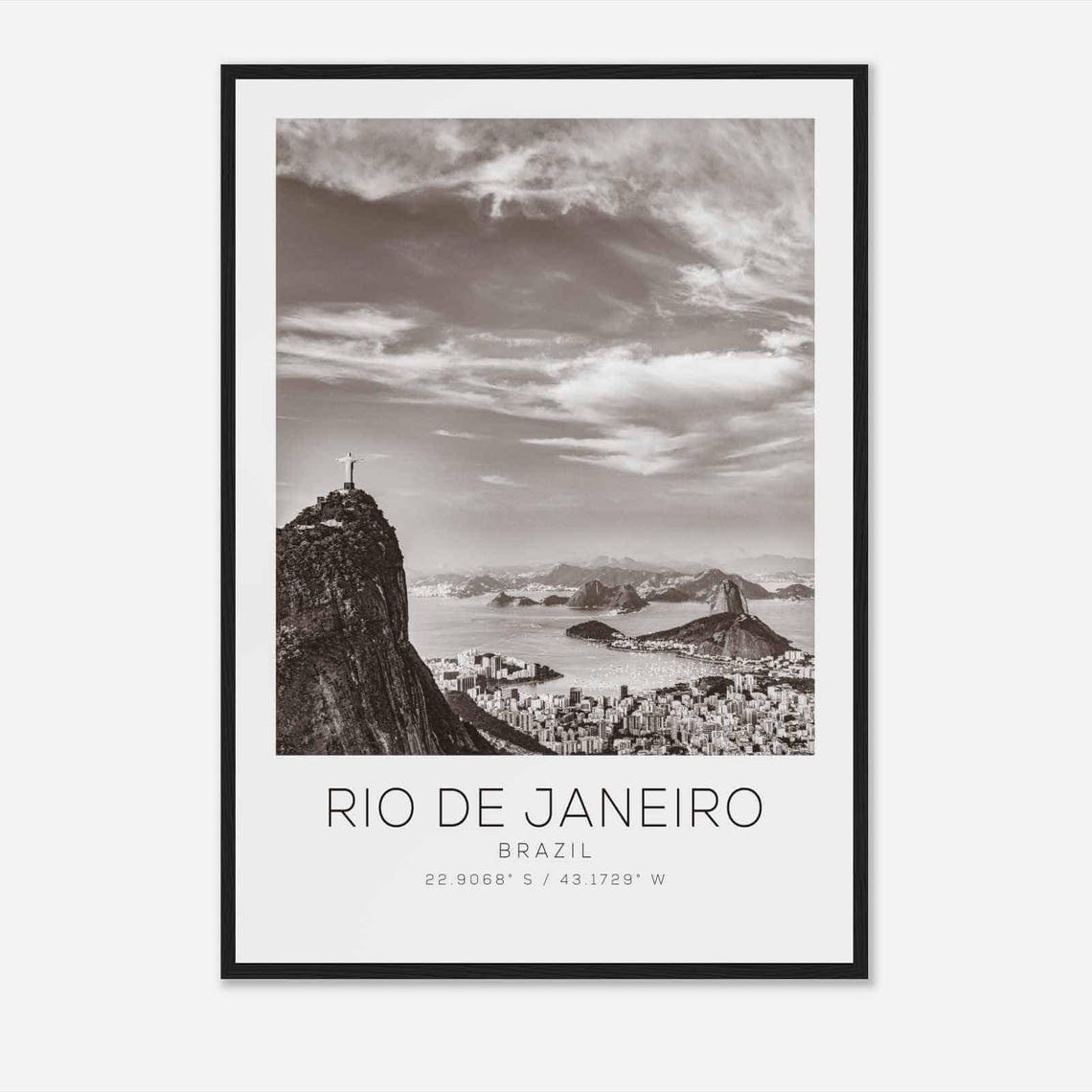 Rio de Janeiro Brazil Christ the Redeemer Bay Black and White Poster