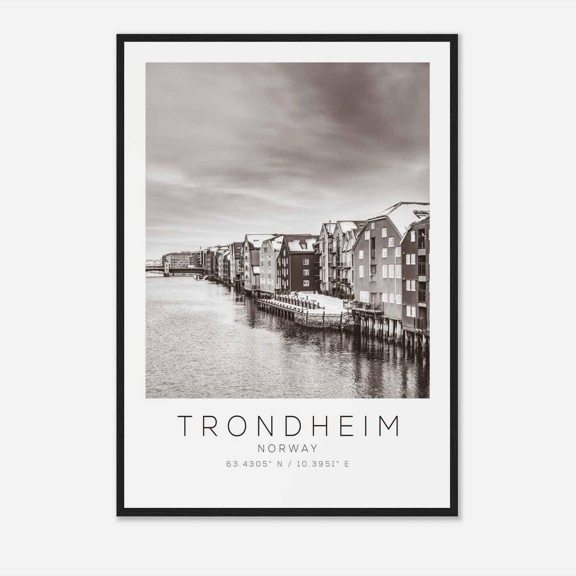 Trondheim Norway Old Wharves River Row Black and White Poster