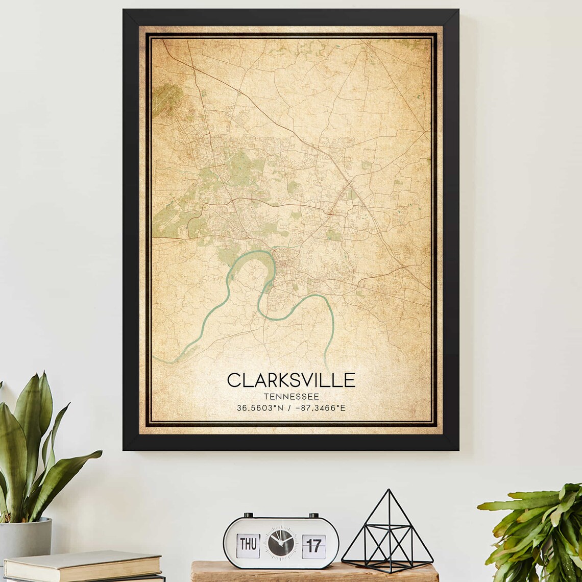 Clarksville Tennessee Vintage Street Map Custom Cartography Poster