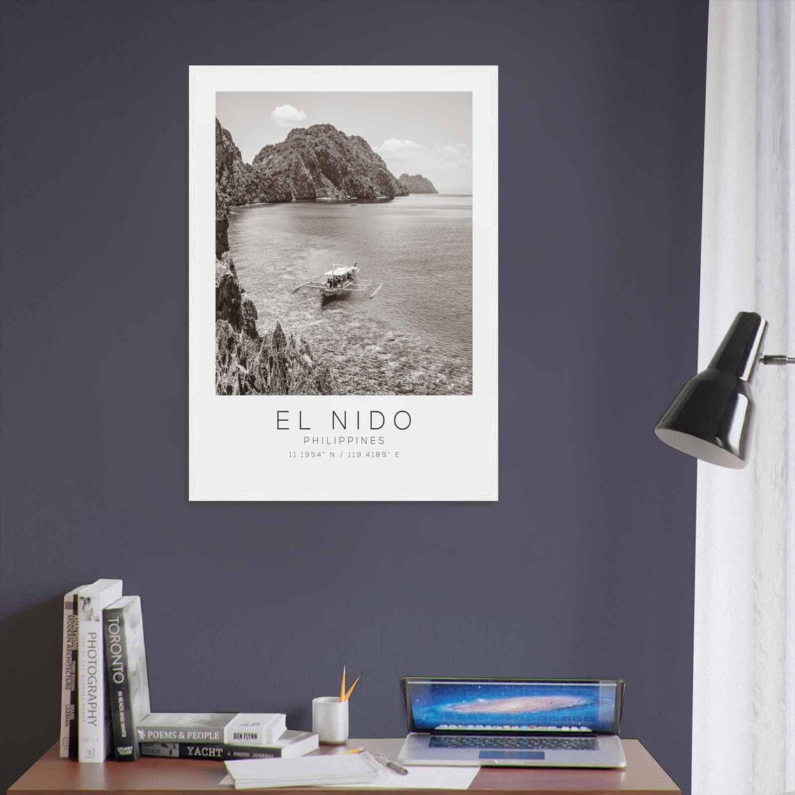 El Nido Philippines Black White Minimalist Lagoon Boat Poster - Image 3