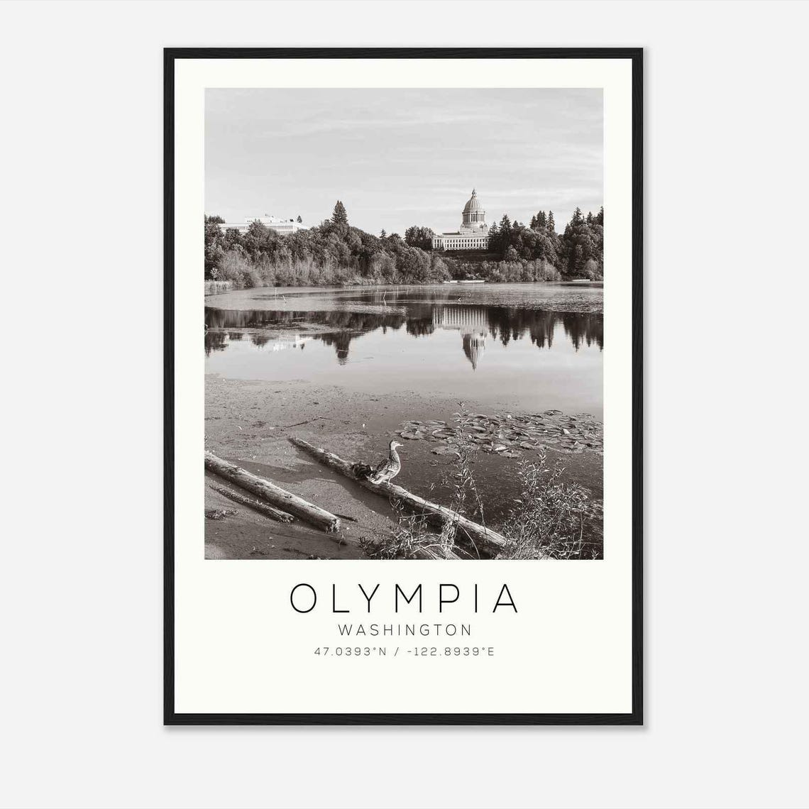 Olympia Washington Capitol Lake Reflection Black and White Poster