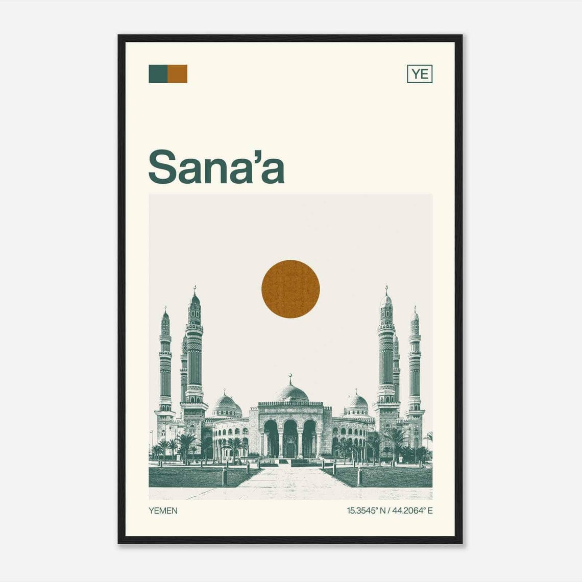 Sana'a Yemen Grand Mosque Sun Disc Duotone Minimalist Travel Poster