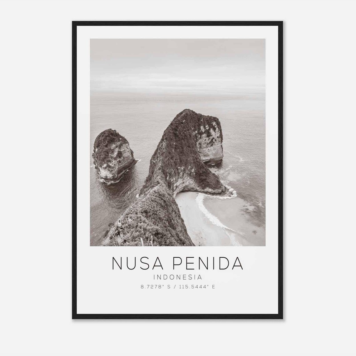 Nusa Penida Indonesia Cliff Beach Aerial Black White Photo Poster