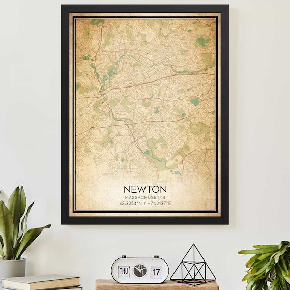 Newton Massachusetts Vintage City Map Poster with Coordinates Art