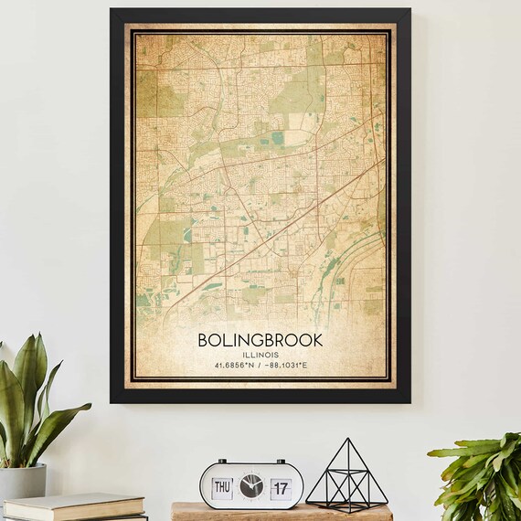 Vintage Bolingbrook Illinois Street Map Coordinates Aged Atlas Art Poster