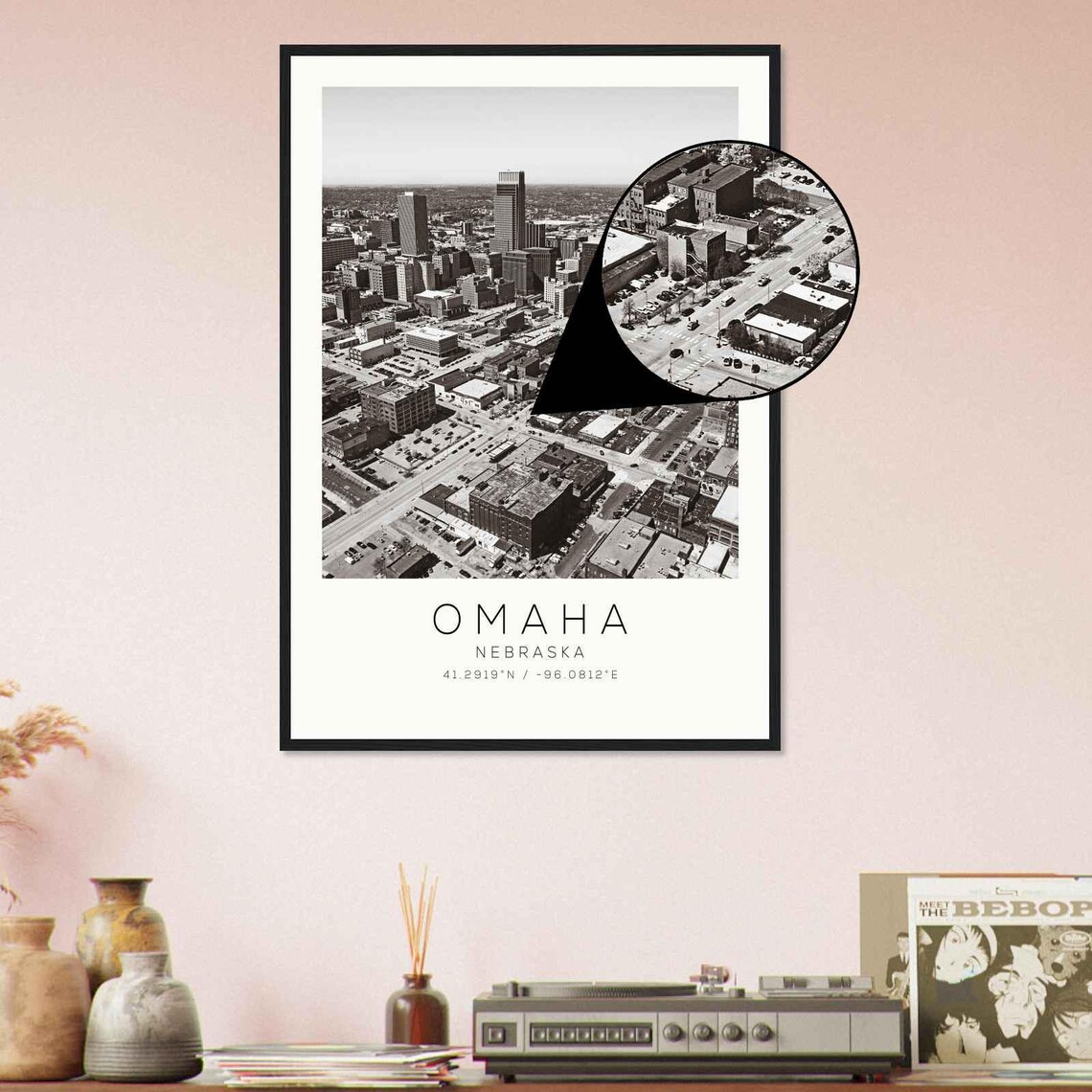 Omaha Nebraska Aerial Downtown Skyline Black and White Photo Poster - Image 4