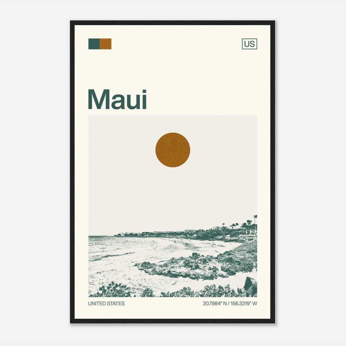 Maui USA Modern Minimalist Tropical Beach Coastline Art Poster