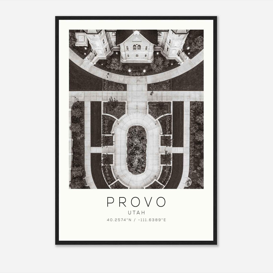 Provo Utah Aerial Temple Gardens Black and White Photo Poster