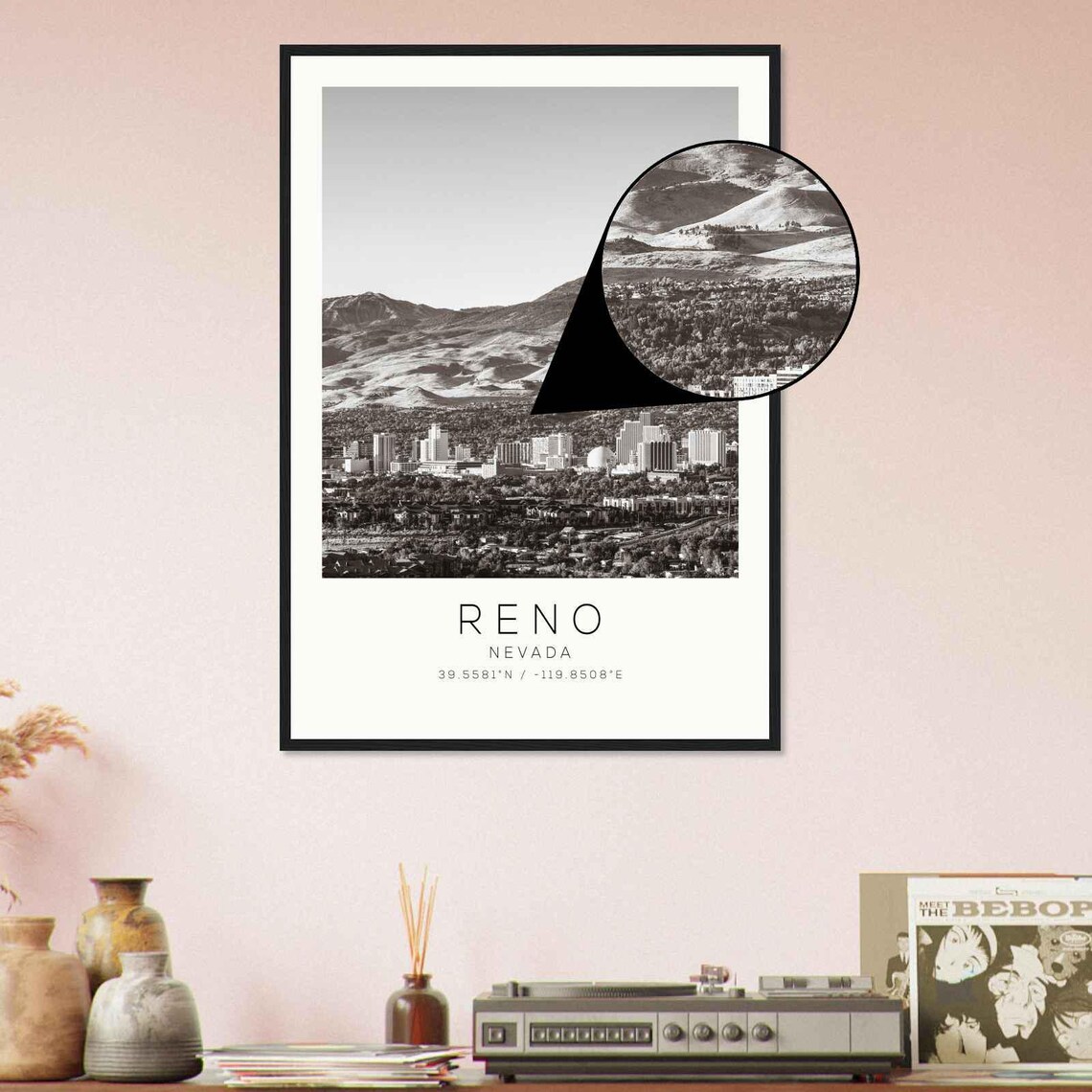 Reno Nevada City Mountain Skyline Black and White Photo Poster - Image 4