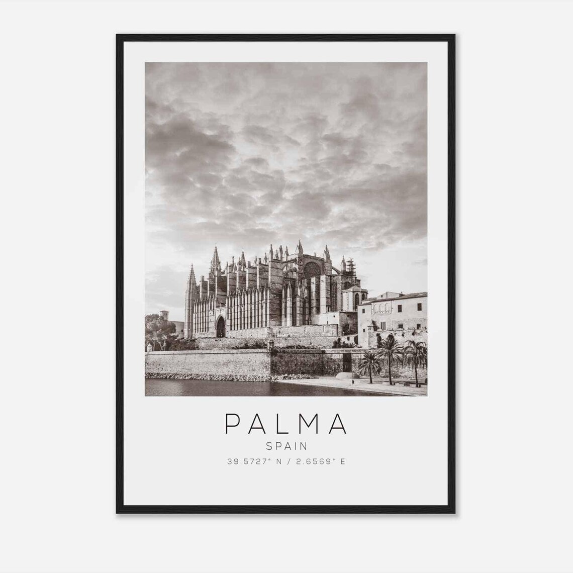Palma Spain Gothic Cathedral Waterfront Black White Photo Poster