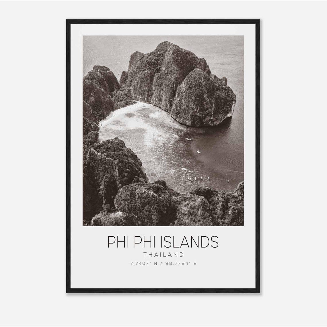 Phi Phi Islands Thailand Aerial Island Bay Black White Poster