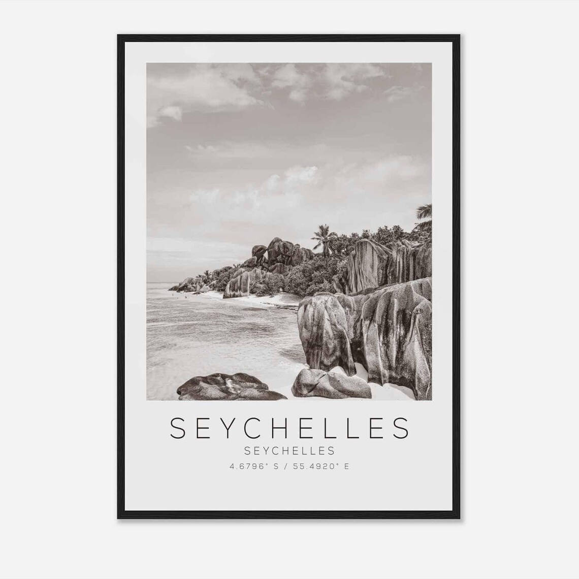 Seychelles Islands Granite Boulder Beach Black and White Poster
