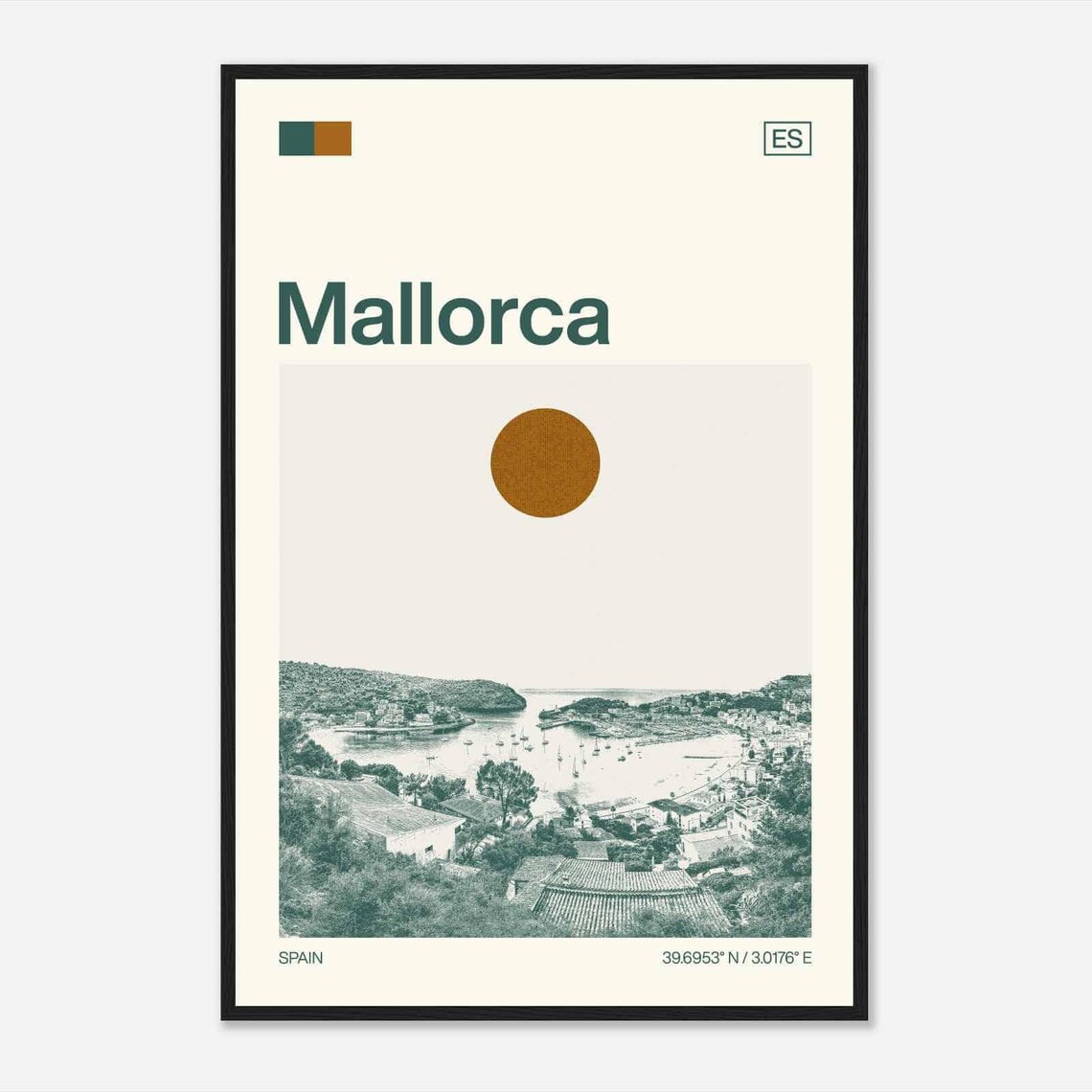 Mallorca Spain Sailboat Harbor Mid Century Retro Travel Poster