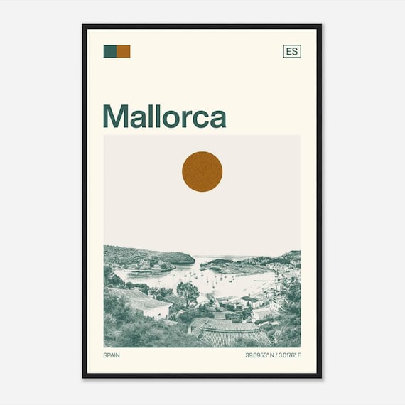 Mallorca Spain Sailboat Harbor Mid Century Retro Travel Poster