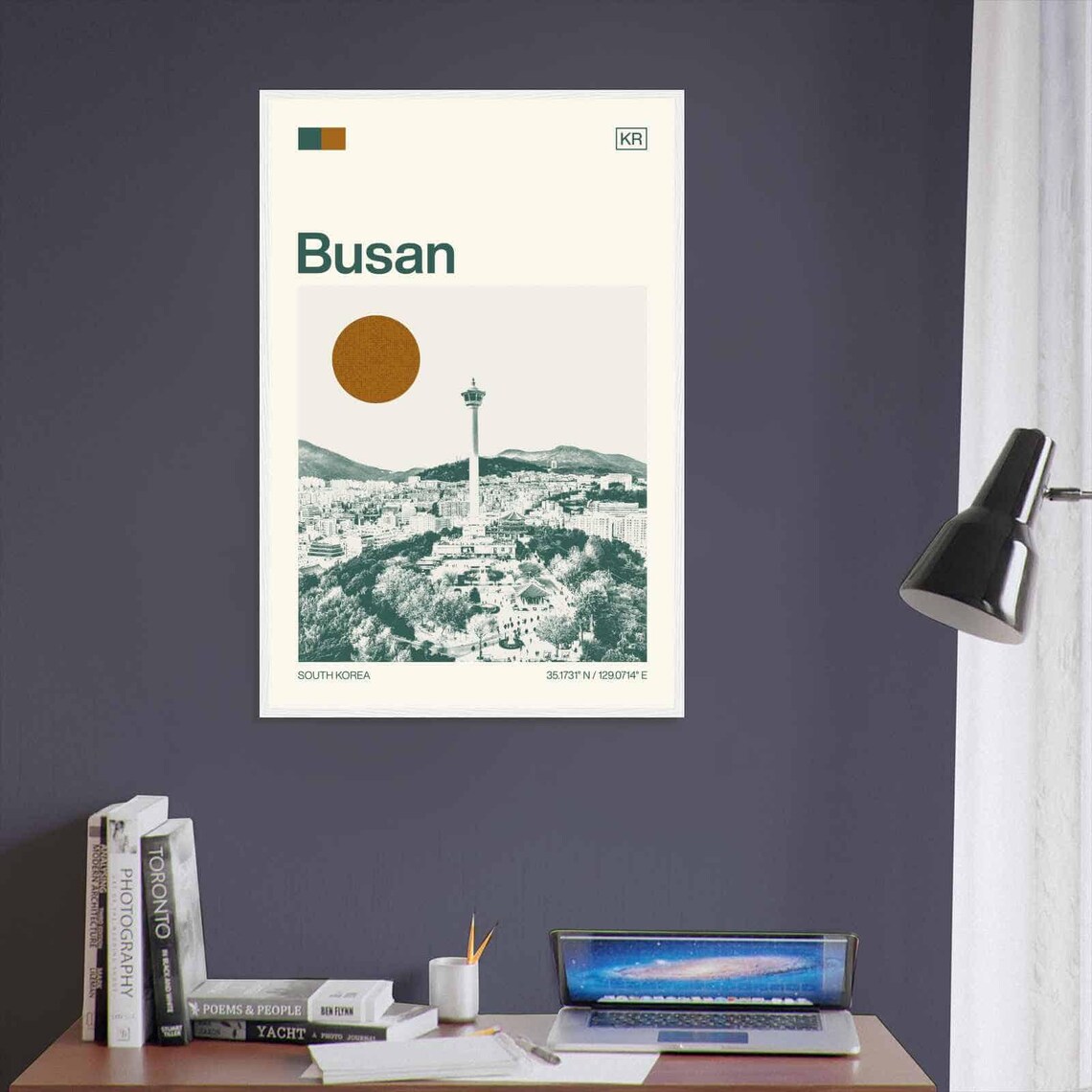 Busan South Korea City Tower and Harbor View Duotone Art Poster - Image 3