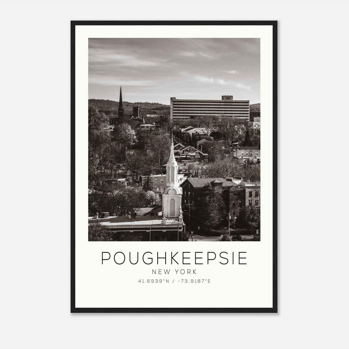Poughkeepsie New York Church Steeple Skyline Black and White Poster