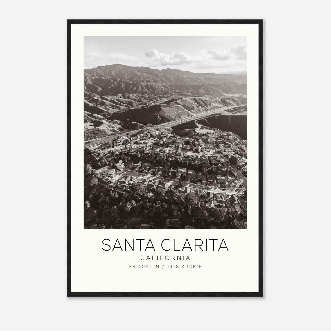 Santa Clarita California Aerial Mountain Town Black and White Photo Poster