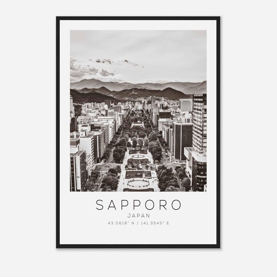 Sapporo Japan Odori Park Aerial View Black and White Travel Poster