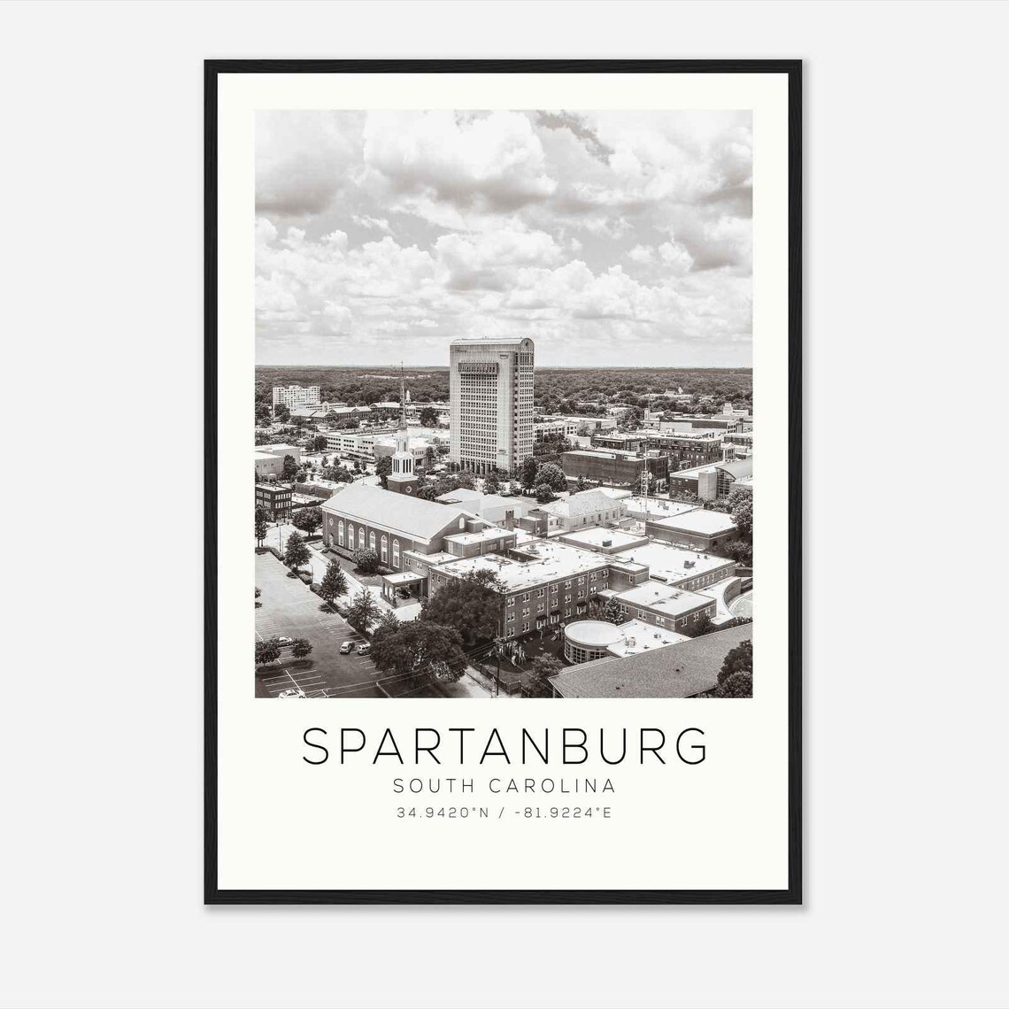 Spartanburg South Carolina Downtown Aerial Black White Photo Poster