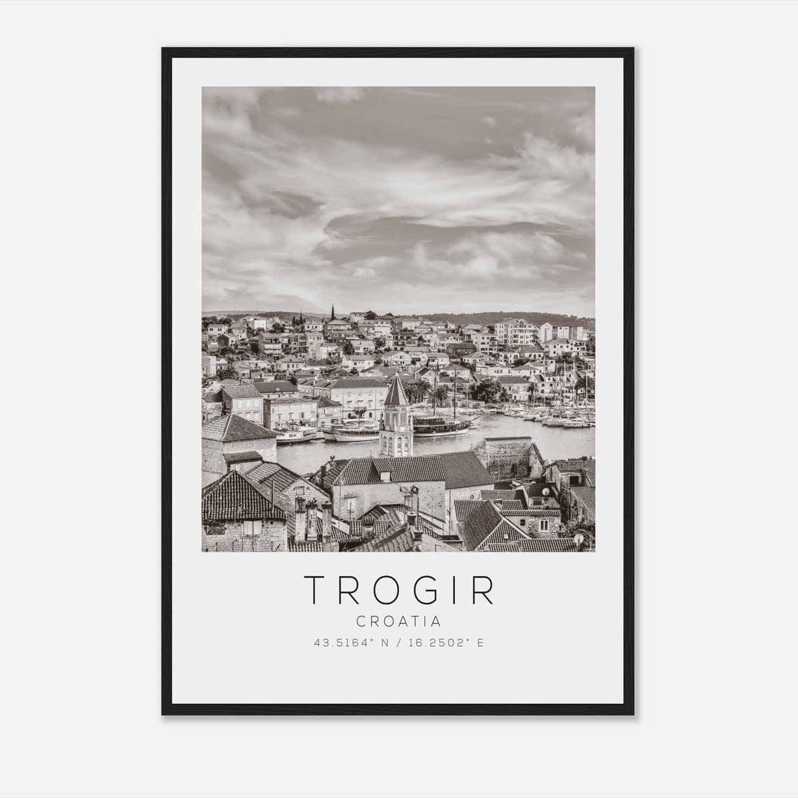 Trogir Croatia Old Town Bell Tower Harbor Black White Poster