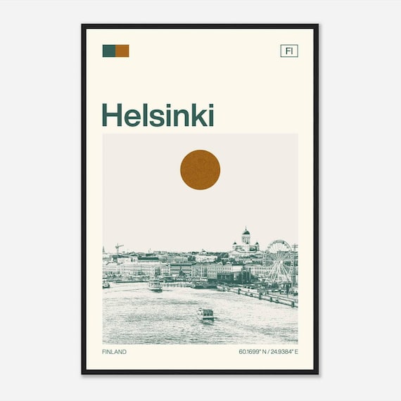 Helsinki Finland Mid Century Retro Harbor Skyline Travel Poster