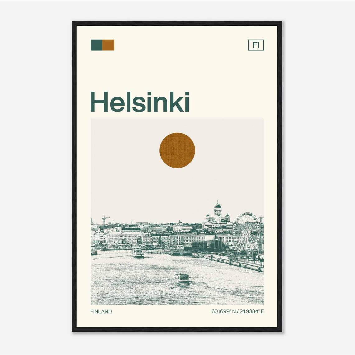 Helsinki Finland Mid Century Retro Harbor Skyline Travel Poster