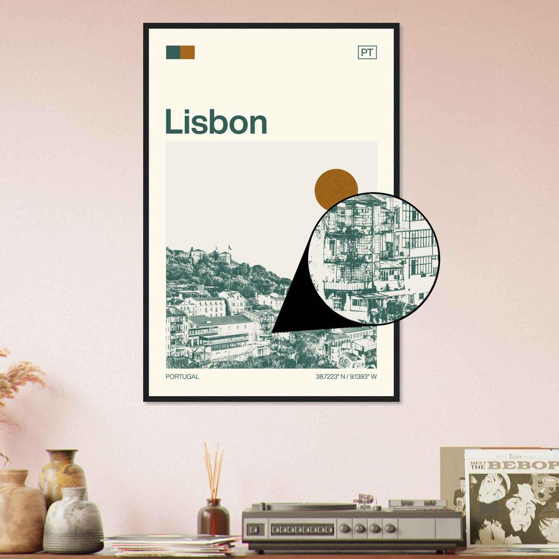 Lisbon Portugal Castle Hill Bridge River View Duotone Travel Poster - Image 4