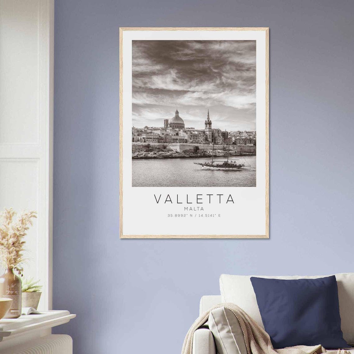 Valletta Malta Harbor Dome Basilica Sailboat Black White Poster - Image 2
