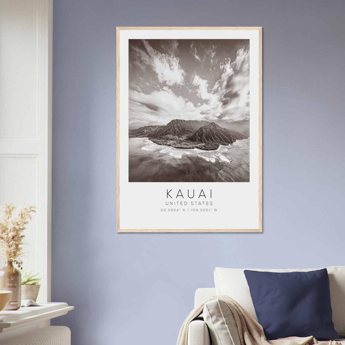 Kauai Hawaii Black White Mountain Coast Aerial Ocean View Poster - Image 2