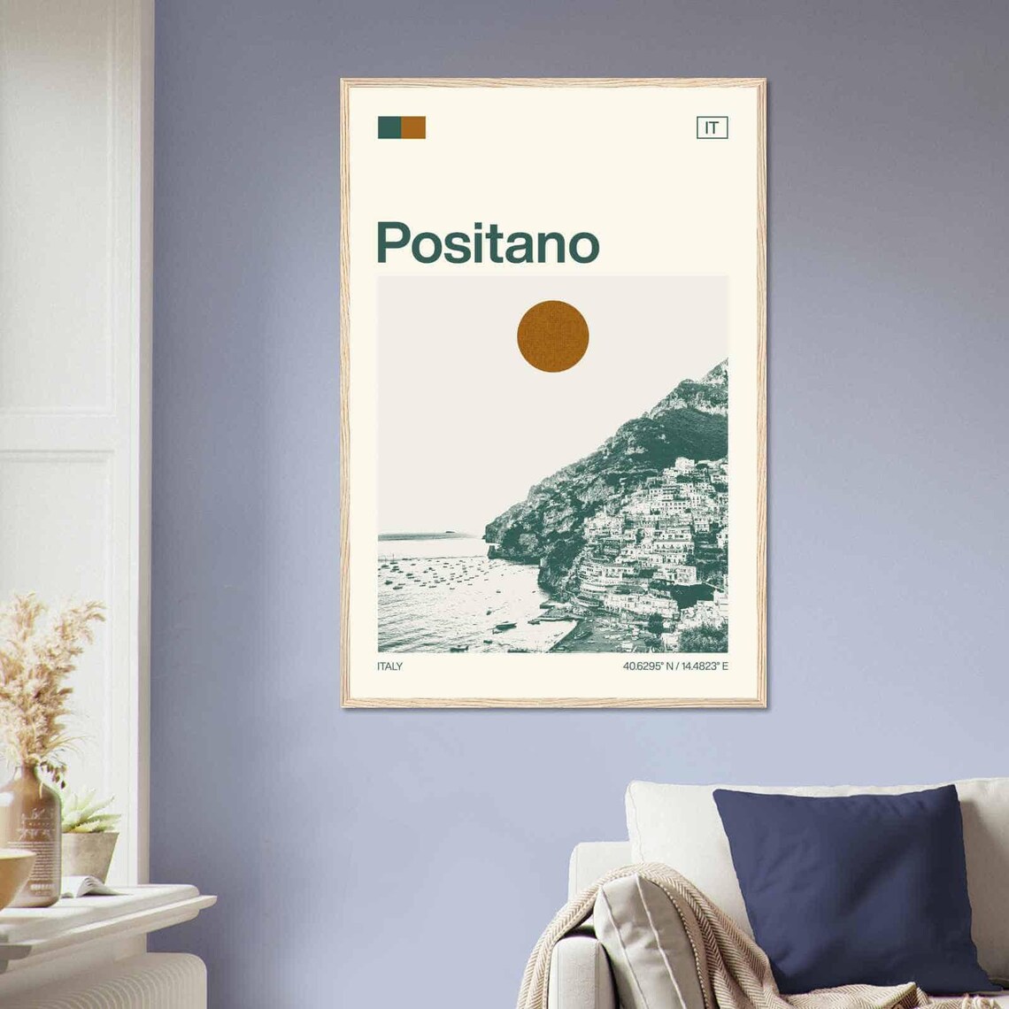 Positano Italy Amalfi Coast Cliff Town Boats Sun Duotone Travel Poster - Image 2