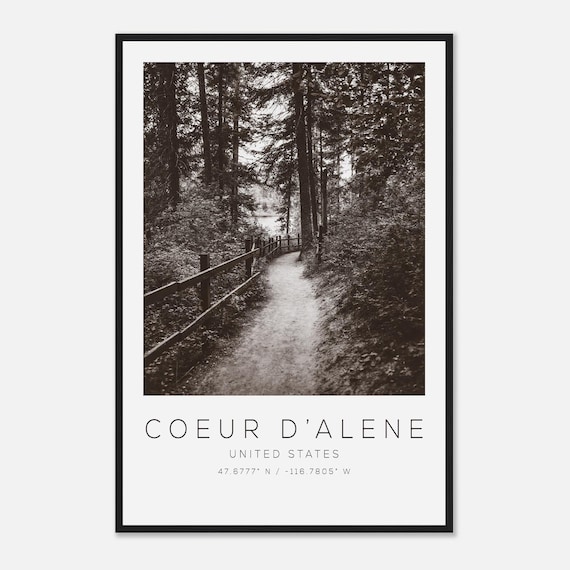 Coeur dAlene Forest Path Black and White Nature Travel Poster