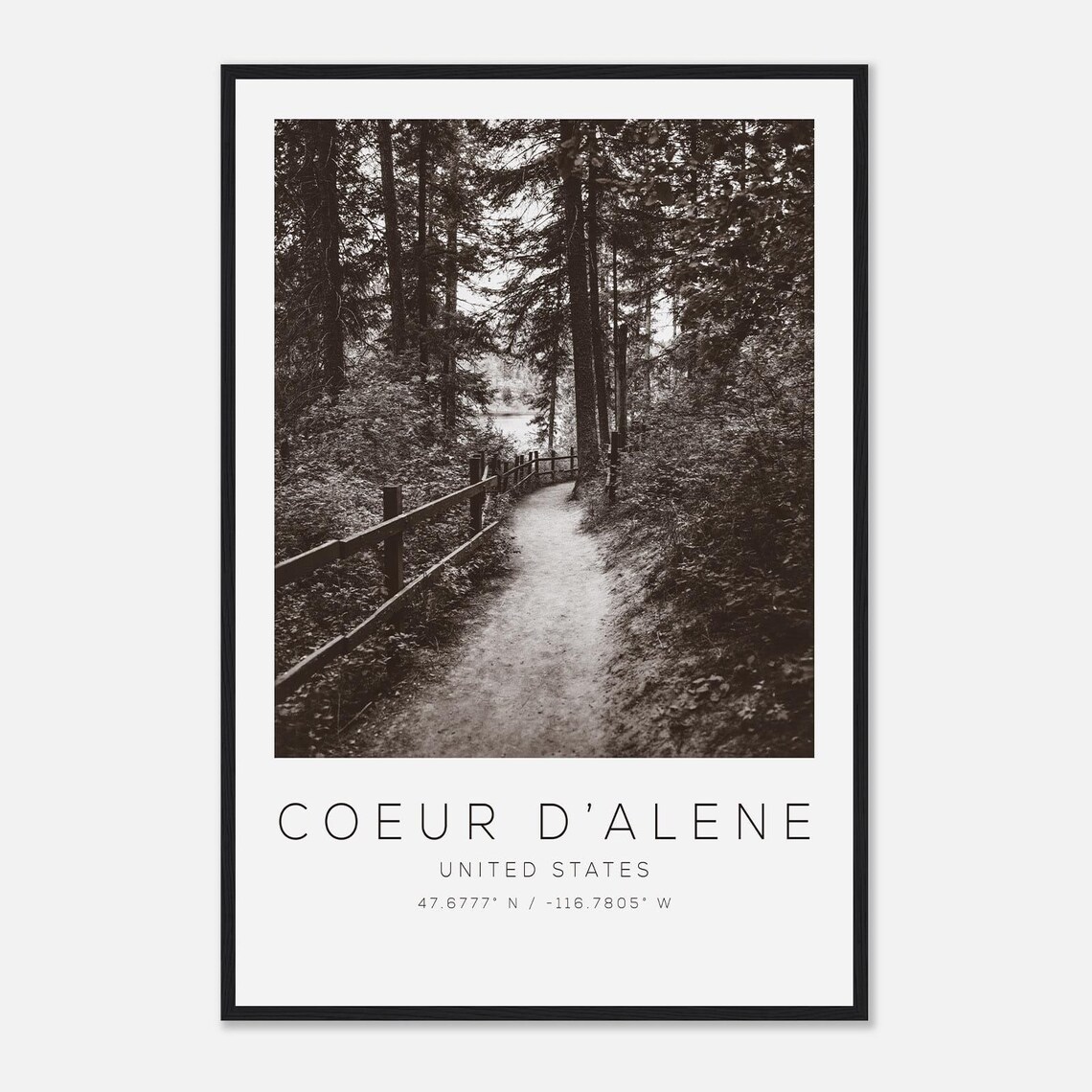 Coeur dAlene Forest Path Black and White Nature Travel Poster
